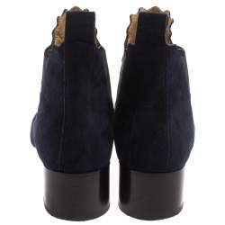 Pre Owned Chloe Navy Blue Suede Lauren Block Heels Ankle Boots Size 38