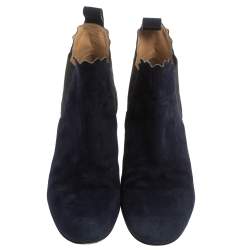 Pre Owned Chloe Navy Blue Suede Lauren Block Heels Ankle Boots Size 38