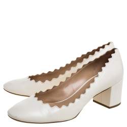 Pre Owned حذاء كعب عالى كلوى كعب عريض حافة متعرجى لورين جلد أبيض مقاس 37