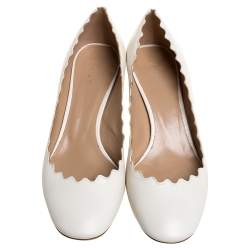 Pre Owned حذاء كعب عالى كلوى كعب عريض حافة متعرجى لورين جلد أبيض مقاس 37