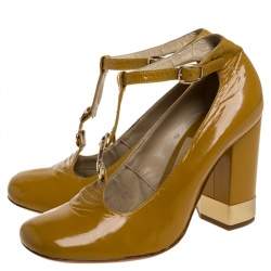 Pre Owned Chloe Yellow Leather T Strap Square Toe Pumps Size 37