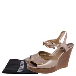 Chloe Metallic Peep Toe Ankle Strap Wooden Wedge Platform Sandals Size 37   