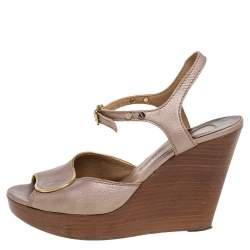 Chloe Metallic Peep Toe Ankle Strap Wooden Wedge Platform Sandals Size 37   