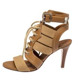 Pre Owned Chloe Brown Cutout Leather and Canvas Rylee Sandals Size 37