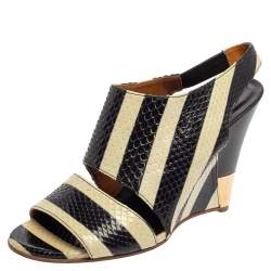  Chloe Cream/Black Striped Python Ayers Wedge Slingback Sandals Size 39