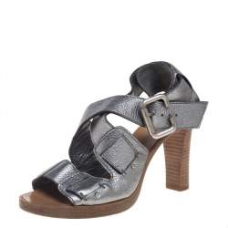 Pre Owned Chloe Metallic Grey Leather Crisscross Wooden Sandals Size 38