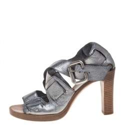 Pre Owned Chloe Metallic Grey Leather Crisscross Wooden Sandals Size 38
