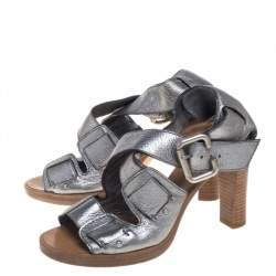 Pre Owned Chloe Metallic Grey Leather Crisscross Wooden Sandals Size 38