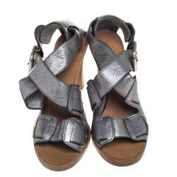 Pre Owned Chloe Metallic Grey Leather Crisscross Wooden Sandals Size 38