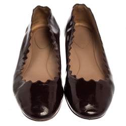 Chloé Brown Patent Leather Lauren Scalloped Ballerina Flats Size 37.5