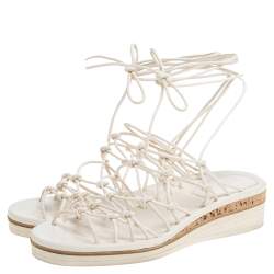 Pre Owned Chloe Cream Leather Knot Detail Strappy 'Jamie' Platform Wedge Sandals Size 36