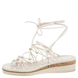 Pre Owned Chloe Cream Leather Knot Detail Strappy 'Jamie' Platform Wedge Sandals Size 36