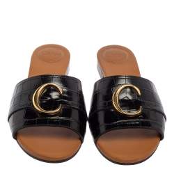 Pre Owned Chloe Black Croc Embossed Leather Slide Sandals 41