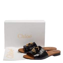 Pre Owned Chloe Black Croc Embossed Leather Slide Sandals 41