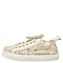 Pre Owned Chloe Light Beige Lace and Leather Lauren Sneakers Size 42