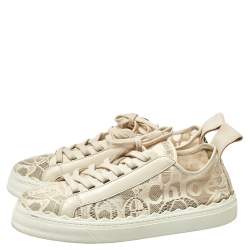 Pre Owned Chloe Light Beige Lace and Leather Lauren Sneakers Size 42