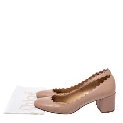 Pre Owned Chloe Beige Leather Lauren Scallop Trim Block Heel Pumps Size 37