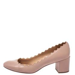 Pre Owned Chloe Beige Leather Lauren Scallop Trim Block Heel Pumps Size 37