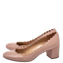 Pre Owned Chloe Beige Leather Lauren Scallop Trim Block Heel Pumps Size 37