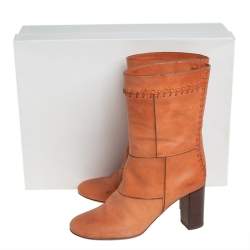 Pre Owned Chloe Tan Patchwork Leather Whipstitch Mid Calf Boots Size 36