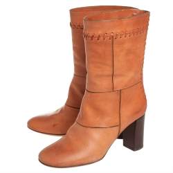 Pre Owned Chloe Tan Patchwork Leather Whipstitch Mid Calf Boots Size 36