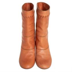 Pre Owned Chloe Tan Patchwork Leather Whipstitch Mid Calf Boots Size 36