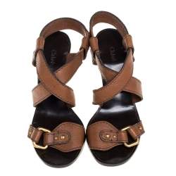 Pre Owned Chloé Brown Leather Ankle Strap Sandals Size 39.5