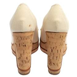Pre Owned Chloé Off White Canvas Cork Wedge Platform Penny Loafer Pumps Size 41