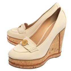 Pre Owned Chloé Off White Canvas Cork Wedge Platform Penny Loafer Pumps Size 41