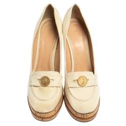 Pre Owned Chloé Off White Canvas Cork Wedge Platform Penny Loafer Pumps Size 41
