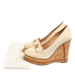 Pre Owned Chloé Off White Canvas Cork Wedge Platform Penny Loafer Pumps Size 41