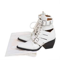 Pre Owned Chloe White Patent Leather Reilly Buckle Embellished Ankle Booties Size 37