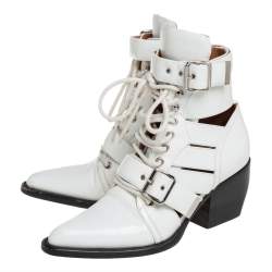 Pre Owned Chloe White Patent Leather Reilly Buckle Embellished Ankle Booties Size 37