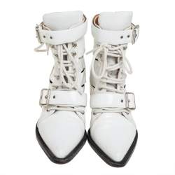 Pre Owned Chloe White Patent Leather Reilly Buckle Embellished Ankle Booties Size 37