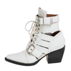 Pre Owned Chloe White Patent Leather Reilly Buckle Embellished Ankle Booties Size 37