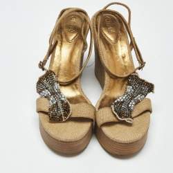 Pre Owned Chloe Beige Canvas Crystal Bow Ankle Strap Wedges Size 37