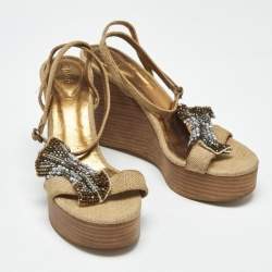 Pre Owned Chloe Beige Canvas Crystal Bow Ankle Strap Wedges Size 37