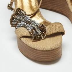 Pre Owned Chloe Beige Canvas Crystal Bow Ankle Strap Wedges Size 37