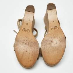 Pre Owned Chloe Beige Canvas Crystal Bow Ankle Strap Wedges Size 37