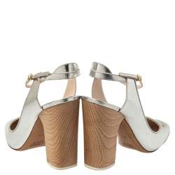 Pre Owned Chloe Silver Leather Ankle Strap Block Heel Sandals Size 40.5