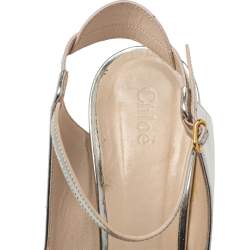 Pre Owned Chloe Silver Leather Ankle Strap Block Heel Sandals Size 40.5