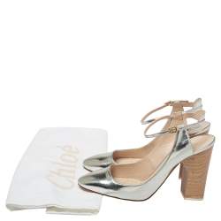 Pre Owned Chloe Silver Leather Ankle Strap Block Heel Sandals Size 40.5