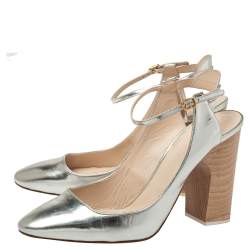 Pre Owned Chloe Silver Leather Ankle Strap Block Heel Sandals Size 40.5