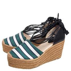 Chloe Multicolor Fabric and Leather Ankle Wrap Wedge Espadrilles Sandals Size 38
