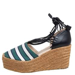 Chloe Multicolor Fabric and Leather Ankle Wrap Wedge Espadrilles Sandals Size 38