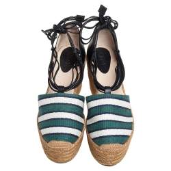 Chloe Multicolor Fabric and Leather Ankle Wrap Wedge Espadrilles Sandals Size 38