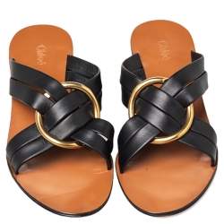 Pre Owned Chloe Black Leather Rony Block Heel Slide Sandals Size 39