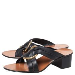 Pre Owned Chloe Black Leather Rony Block Heel Slide Sandals Size 39