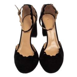 Pre Owned Chloe Black Scalloped Suede Ankle Strap Block Heel Sandals Size 42