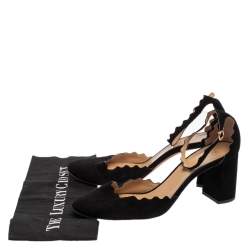 Pre Owned Chloe Black Scalloped Suede Ankle Strap Block Heel Sandals Size 42